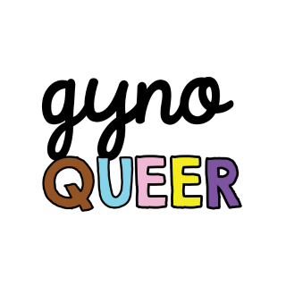 gynoqueer logo. It has a the word gyno written in black script with the word queer underneath in the brown, trans and nonbinary/intersex colors